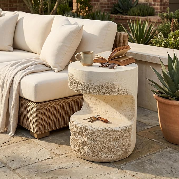 Outdoor Side Table, Modern Organic MGO Accent End Table for Patio, Living Room, Beige Tone Travertine-Look Textured