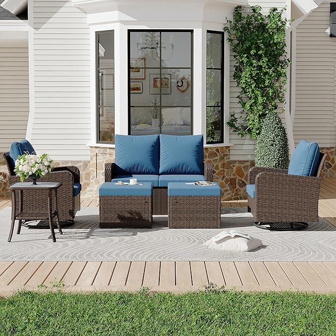 HOMREST 6 Piece Patio Conversation Sets with Loveseat, Rattan Wicker Swivel Chairs with 2 Ottoman, Coffee Table & Cushions, Outdoor Furniture Sets for Garden, Poolside, Backyard (Navy)