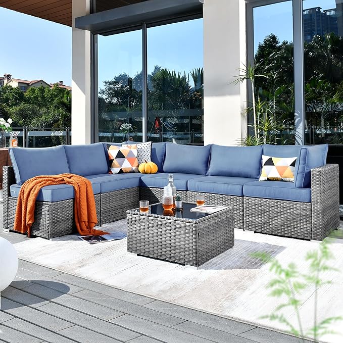 ovios Outdoor 7 Piece Coversation Set with Coffee Table,Sectional Patio Furniture Set with All-Weather Wicker Sofa,Modern Outside Couch for Balcony Backyard Pool, Blue