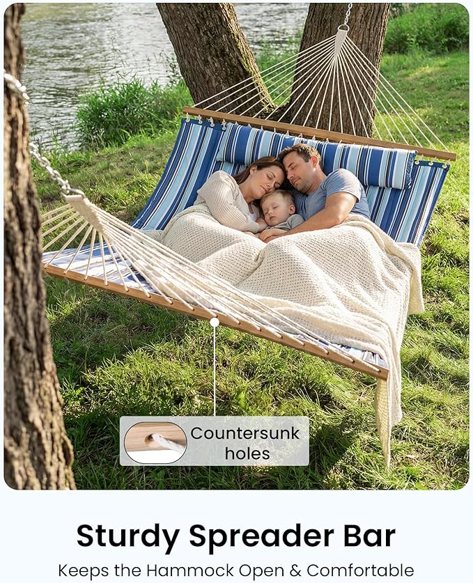 Double Hammock with Spreader Bar & Pillow, 2-Person Portable Hammock, 500lbs Capacity for Outdoor Camping, Patio, Backyard, Garden, Beach & Travel Relaxation – Blue