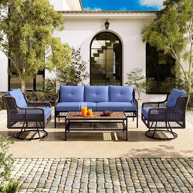 4 Pieces Patio Furniture Set with Swivel Chairs, Outdoor Metal Conversation Set Sectional Rattan Sofa Couch for 5-Person, for Deck, Lawn, Balcony, Porch, Blue