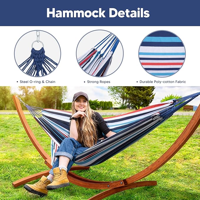 SUNCREAT Outdoor Hammock with Stand Included, Portable Hammock with 10 ft Wooden Stand, Blue Stripes
