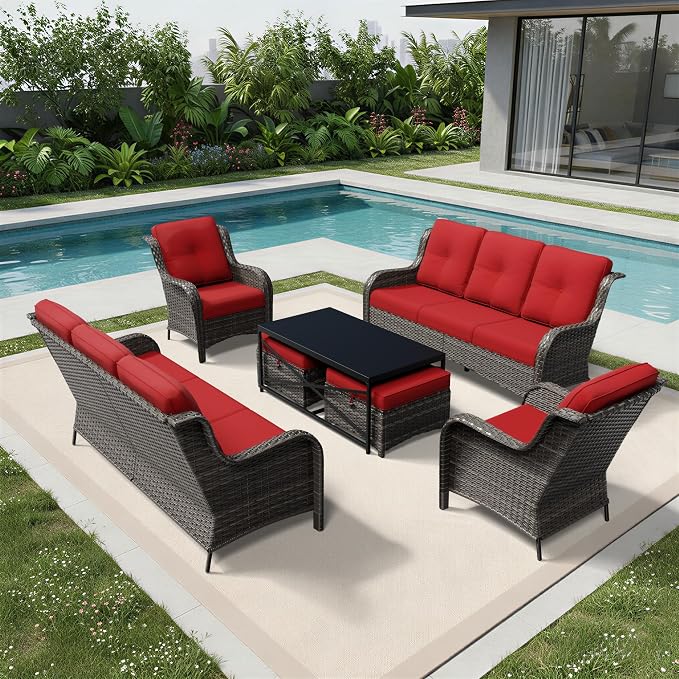 Joyside 7 Piece Wicker Patio Furniture Set, Rattan Patio Chairs with High Back, Deep Seating, Wide Armrest, Thickened Cushions, Outdoor Furniture for Deck, Porch Use