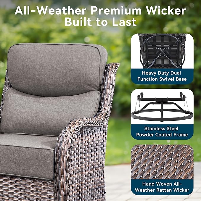 Luxury Outdoor Swivel Rocker Patio Chairs-4 Pieces High Back Swivel Rocker Patio Chairs with Thick Cushions All Weather Wicker Outdoor Furniture Set for Deck Porch Balcony(Brown/Grey)
