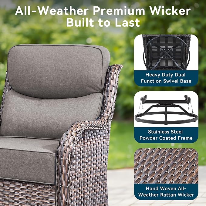 Luxury High Back Outdoor Furniture with 6-Inch Thick Cushions, Patio Furniture Set with Swivel Chairs, 6 PCS Wicker Conversation Set for Porch, Balcony, Deck and Yard