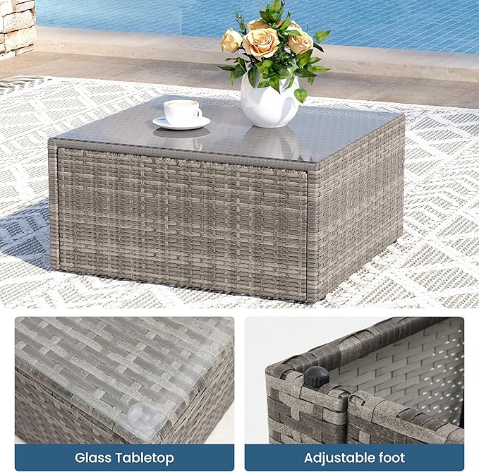 8 Pieces Outdoor Patio Furniture Set with 43" Fire Pit Table, Wicker Outdoor Patio Sectional Sofas Coffee Table, All-Weather Patio Conversation Set with Cushions for Garden Backyard, Light Blue