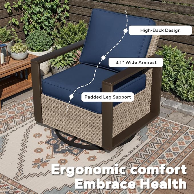 Joyside Outdoor Patio Chairs, 8 Pieces Wicker Rattan Furniture Set, 4 Patio Chairs, 1 Sofa, 2 Ottoman and 1 Table, Metal Wide Armrest, Thick Cushions and Deep Seating for Garden, Backyard, Porch