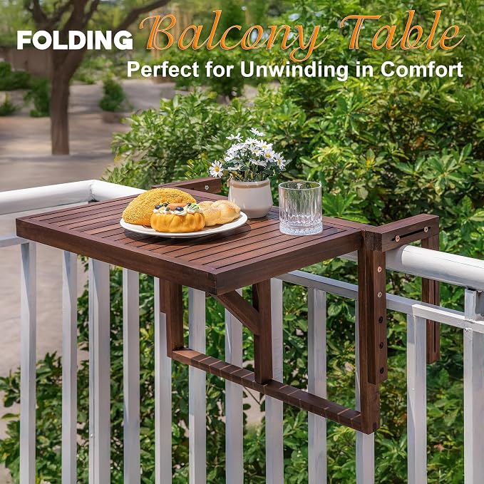 VICTORY RELAX Hanging Balcony Table - Foldable Acacia Wood Patio Table - Small Outdoor Workspace & Dining Table for Balcony Furniture - Temporary Workspace - Brown Color (27.2 x 23.6 x 17.5 Inches)