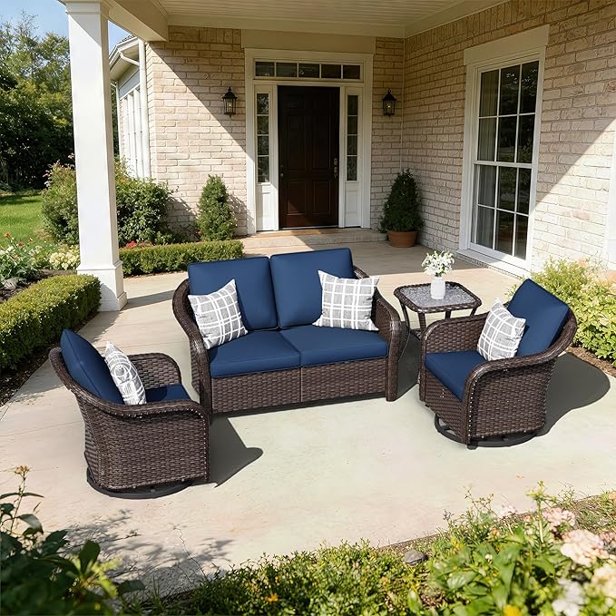 4 PCS Outdoor Conversation Set | 55" Couch, 2 Swivel Chairs, 1 Side Table， Patio Wicker Conversation Furniture with Removable Cushions for Bistro, Deck, Sunroom(Navy Blue)