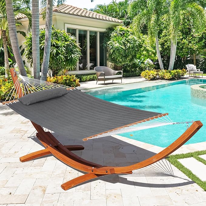 Lazy Daze Hammocks 12 FT Sunbrella Fabric Quilted Hammock Double Sunbrella Quilted Hammock with Spreader Bars & Pillow, All Weather and Fade Resistant for Outdoor, 450 lbs Capacity, Cast Slate
