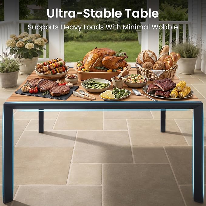 9-Piece Outdoor Dining Set, 56" Square Table and Stackable Arm Chairs | Aluminum Frame Umbrella Hole and All-Weather Wood Grain Patio Furniture for 8 for Garden, Patio, Backyard, Brown