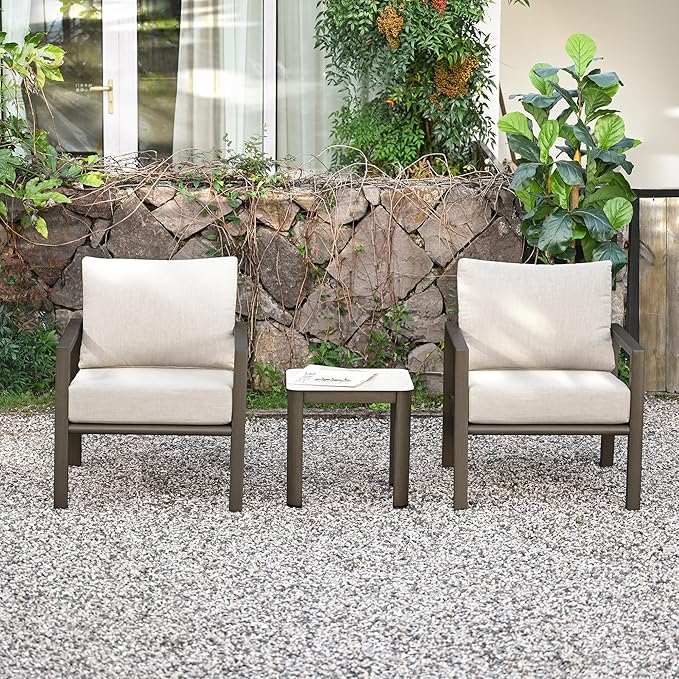 HAPPATIO Patio Conversation Set, 3-Piece Aluminum Oversized Patio Furniture Set with Rope Woven Backrest, Side Table and 2 Chairs with Thick Cushion, Hand-Brushed Frame for Yard, Porch, Balcony