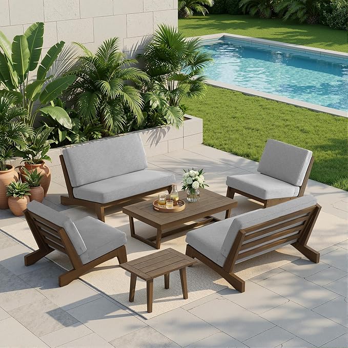 UIXE 8 Pieces Wood Patio Furniture Sets, 2 Patio Loveseat, 4 Patio Bistro Chair, All Weather Outdoor Sectional Sofa Furniture Backyard Conversation Set with Coffee Table - Grey