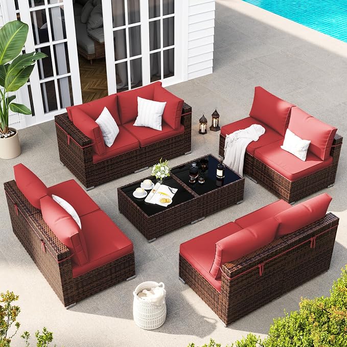 Patio Furniture Set, Modular 10-Piece Patio Conversation Sets with Coffee Table, All-Weather Wicker Outdoor Sectional for Backyard and Balcony, Wine (Waterproof Covers Included)