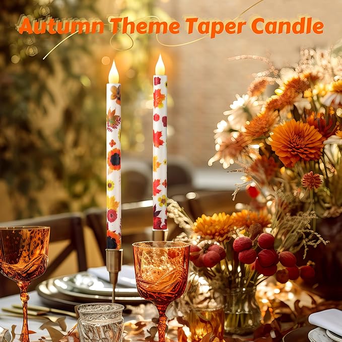 6PCS Thanksgiving Flameless Taper Candles - Fall Maple Leaf Decor, Thanksgiving Decorative Candles with Wax Coating and Autumn Floral Prints Perfect for Table, Party, Banquet