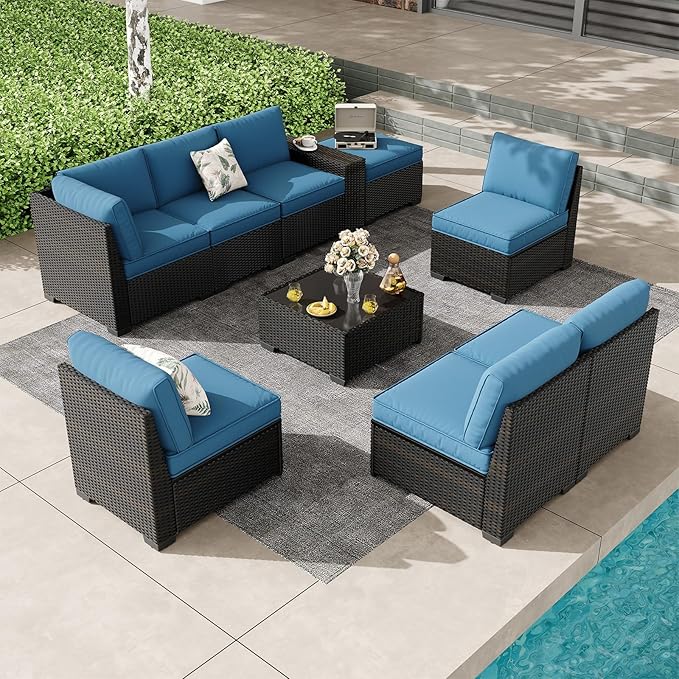 9 Pieces Outdoor Patio Furniture Set, Wicker Conversation Sets with Tea Table, Rattan Patio Sofa with Thick Cushions for Garden, Backyard Porch, Poolside,Peacock