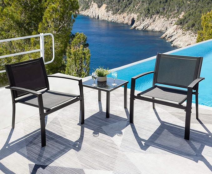 Tuoze 3 Pieces Patio Furniture Set Outdoor Garden Conversation Sets Modern Porch Furniture Lawn Chairs with Glass Coffee Table for Poolside Backyard Balcony,Black