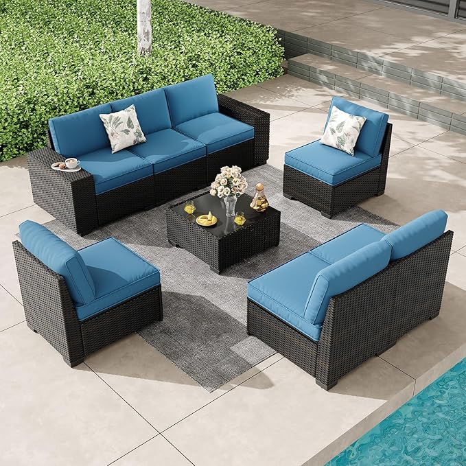Patio Furniture Set, 8 Pieces Outdoor Couch Sofa with Wider Armrests & Glass Coffee Table, Outdoor Sectional Furniture with Thick Cushions for Party, Poolside,Garden-Peacock