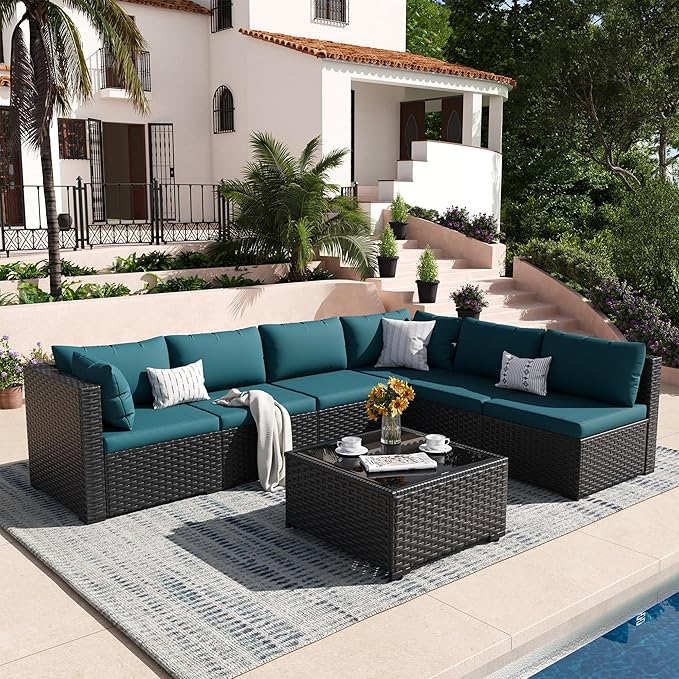 Patio Furniture Set, 7-Piece Outdoor Sectional All-Weather Wicker Patio Conversation Set for Backyard, Garden, Peacock Blue