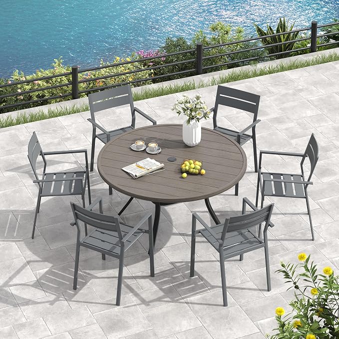 VICLLAX 53" Round Patio Table, Outdoor Dining Table for 8 with Umbrella Hole for Garden Lawn Deck Backyard, Antique Grey