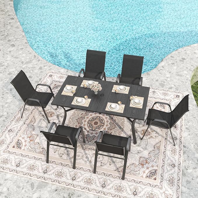 KEIKI Waterproof Patio Table and Chairs for 6, 7-Piece Outdoor Patio Dining Set, 63" x 38" Rectangular Wood-Grain Metal Table with Umbrella Hole for Lawn Garden Backyard, Black