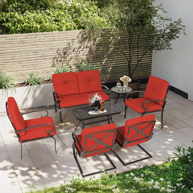 Incbruce 7 Piece Wrought Iron Patio Furniture Set Metal Outdoor Conversation Sets (Loveseat, Coffee Table and Bistro Table, 2 Spring Chair, 2 Dining Chairs) with Cushion (Red)