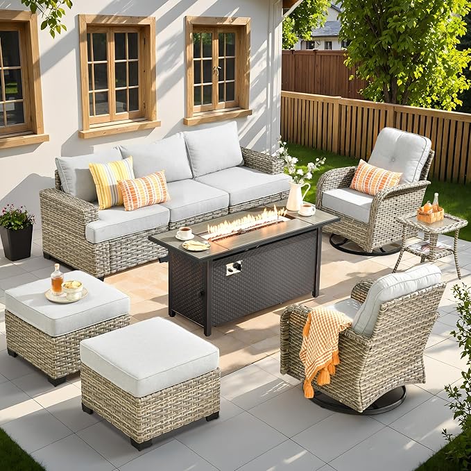 9 Pcs Outdoor Sectional Patio Furniture Set with Fire Pit Table and Swivel Rocking Chairs - All Weather Wicker Modular Outside Sectional Sofa Couch,Patio Seating Outdoor Conversation Sets,Grey