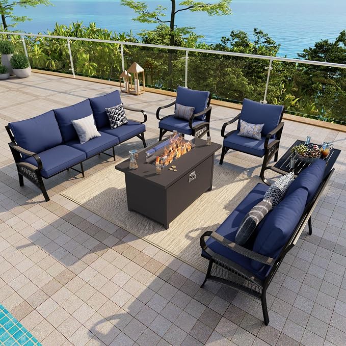 6-Piece Outdoor Furniture Set, Patio Conversation Set Include 3-Seater Sofa Single Chairs Loveseat Couch with Coffee Table and Fire Pit Table for Deck, Porch (Blue Cushions)