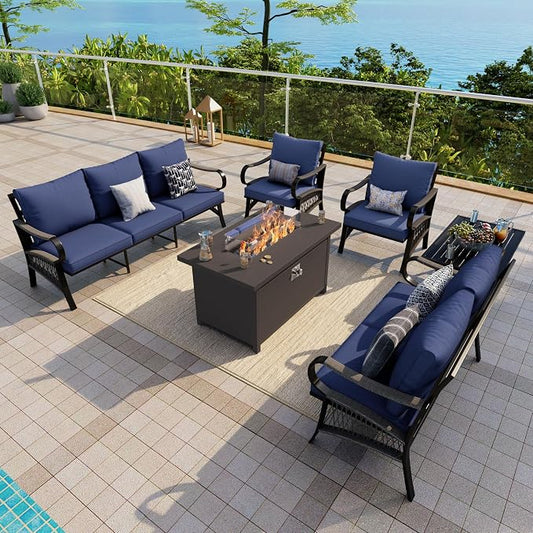 6-Piece Outdoor Furniture Set, Patio Conversation Set Include 3-Seater Sofa Single Chairs Loveseat Couch with Coffee Table and Fire Pit Table for Deck, Porch (Blue Cushions)