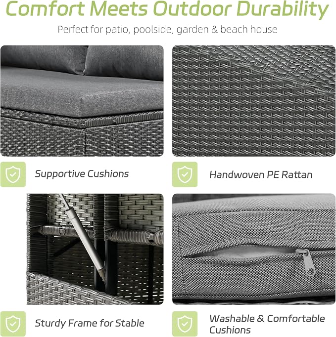 GDFStudio Brava Patio 5-Piece Conversation Set, Outdoor Rattan Sectional Sofa Set with Extendable Side Tables, Dining Table and Bench, L Shaped PE Wicker Furniture Set for Garden, Poolside, Grey