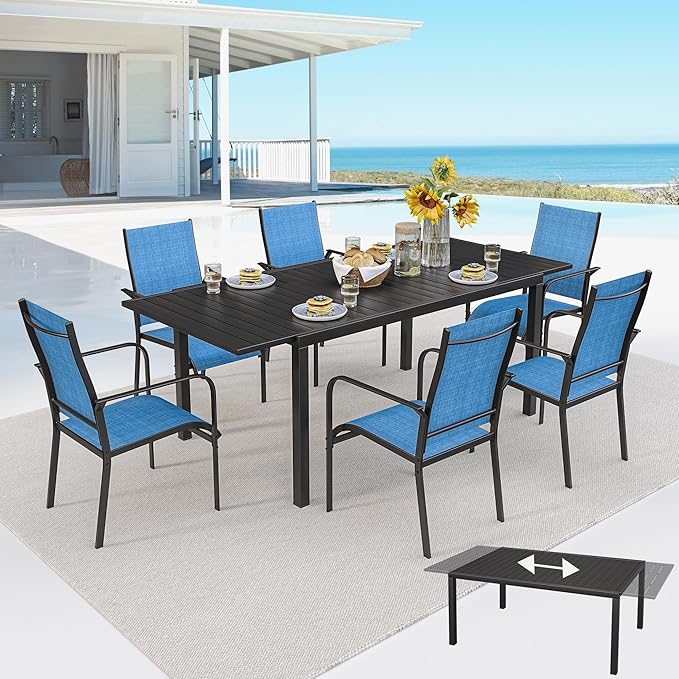 BUPPLEE 7-Piece Patio Dining Set with Expandable Rectangular Table (38"-84"), 6 Textilene Chairs, Outdoor Furniture for Garden, Deck, Backyard, Blue