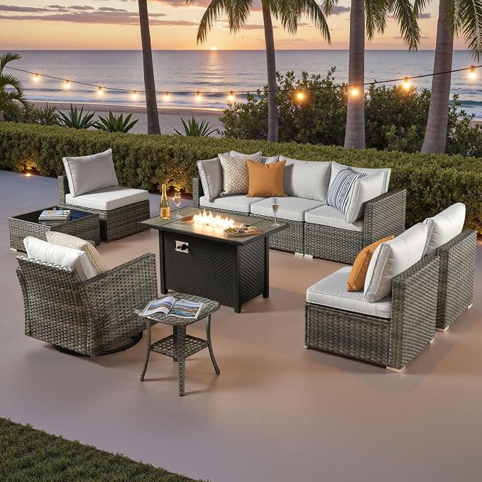 ovios 10 Piece Outdoor Patio Furniture Set with Fire Pit Table,Conversation Sectional Wicker Couch with Swivel Chairs,Modern Outside Sofa for Balcony Backyard, Beige