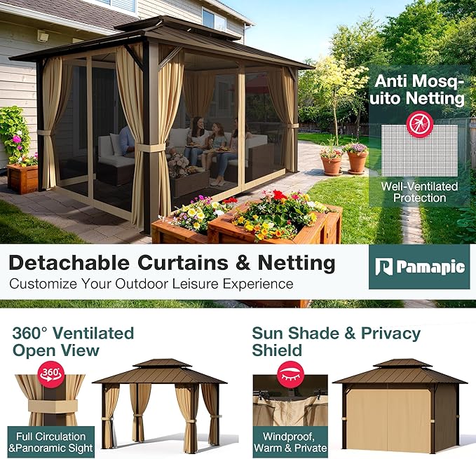PAMAPIC 10x12FT Hardtop Gazebo,Galvanized Steel Double Roof with Aluminum Frame,Outdoor Permanent Pavilion with Breathable Netting & Privacy Curtain for Patio,Backyard,Deck,Lawn,Brown