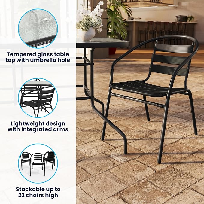 EMMA + OLIVER Patio Table & Chairs Set - Rectangular Metal Table with Tempered Glass Top - 4 Black Aluminum Stacking Chairs - All Weather for Indoor/Outdoor Use