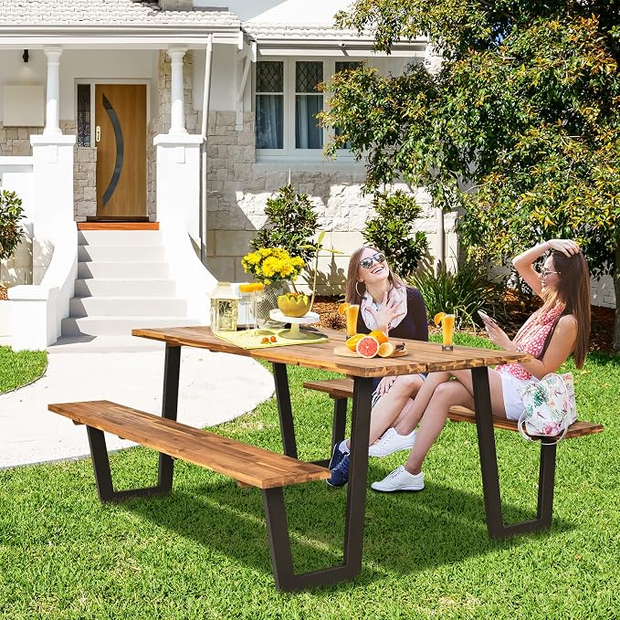 Tangkula Patented Wooden Picnic Table, Outdoor Acacia Wood Picnic Table with 2 Built-in Benches, Umbrella Hole, Steel Frame, Outside Table and Bench Set for Garden, Backyard, Porch, Patio
