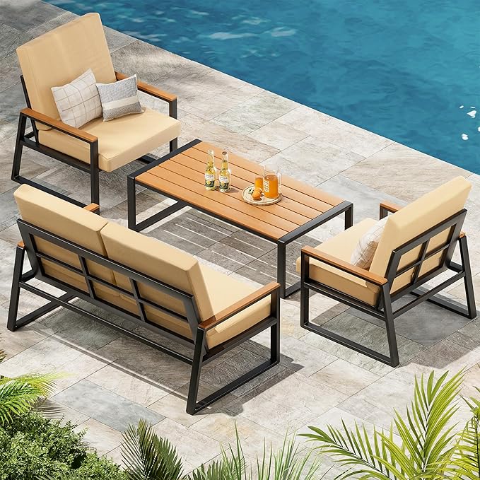 Gizoon 4-Piece Outdoor Patio Furniture Set with Coffee Table and Removable Cushions, Metal Patio Conversation Set for Family, Yard, Poolside (Gray)