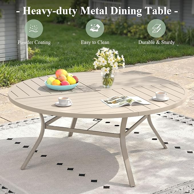 11 Pieces Outdoor Dining Set, Stackable Textilene Paito Chairs & 63.1" Round Dining Table with Umbrella Hole, Patio Dining Set for Backyard, Deck, Garden, Sandshell