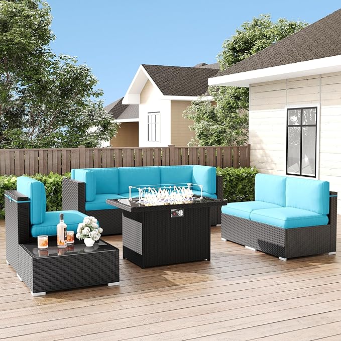 LayinSun 8 Pieces Patio Furniture Set with Fire Pit Table, Black Rattan Modular Sectional Patio Conversation Sofa Set