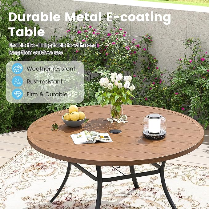 7 Pieces Outdoor Patio Dining Table Set, 53" All Weather Round Metal Table with Umbrella Hole and 6 High Back Textilene Swivel Chairs for Garden, Lawn, Poolside, Walnut Table & Brown Chairs