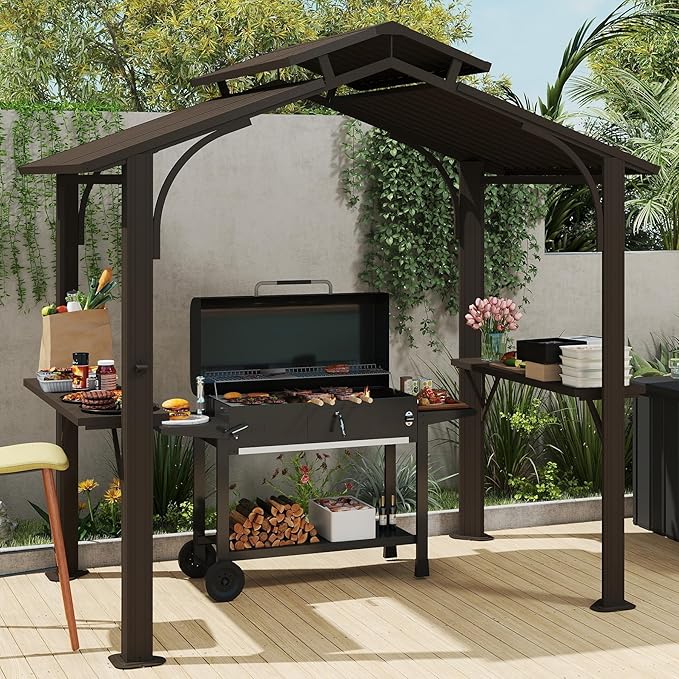 Domi Hardtop Grill Gazebo 8x5FT, Grill Canopy for Outdoor Grill w/Double Galvanized Steel Roof, 2 Side Shelves and Ceiling Hooks, BBQ Gazebo Grill Tent for Patio Garden Backyard, Brown