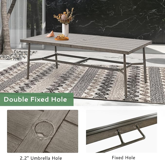 9-Piece Outdoor Dining Set for 8, Aluminum Dining Set with Cushions, 6 Dining Chairs and 2 Swivel Chairs with Rope Backrest, Large Rectangular Table with Umbrella Hole for Lawn Porch Yard,Grey