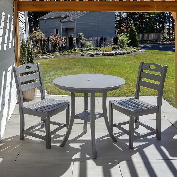 WILLIAMSPACE 29.72" 3-Piece Patio Dining Set, Outdoor All Weather HDPE Round Dining Table with Umbrella Hole & 2 Chairs, Patio Bistro Set for Backyard, Balcony, Lawn, Poolside, Kitchen (Grey)