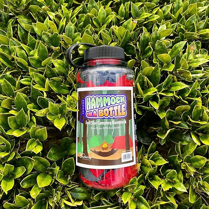 Hammock In a Bottle By Castaway Living, Red/Black Double Camping Hammock with 2 Tree Straps, 32 oz. Bottle, Triple Stitched Durable Nylon Material, Compact Design for Travel, Beach, Backyard, 400 Lbs.