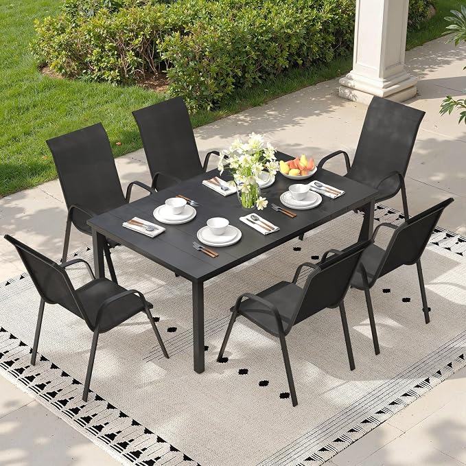 7 Pieces Outdoor Dining Set, 63" Rectangular Table with Umbrella Hole & Stackable Patio Dining Chairs, Patio Table and Chairs Set for Deck Garden Porch, Black Chairs & Black Table