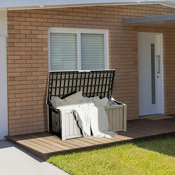 150 Gallon Deck Box Organizer, Doubles as 2-Person Bench Seat, Gray Large Resin Outdoor Storage and Seating with Lockable Lid for Garden, Pool, and Patio