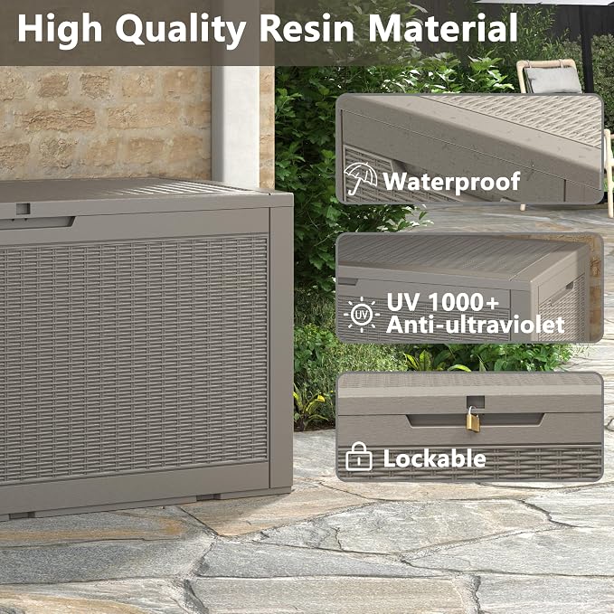 NUNU LAB 100 Gallon Large Waterproof Resin Deck Box, Lockable Outdoor Storage Box with Gas Lift, Patio Cushions, Garden Tools, Pool Supplies, Indoor Outdoor Storage Container, Grey