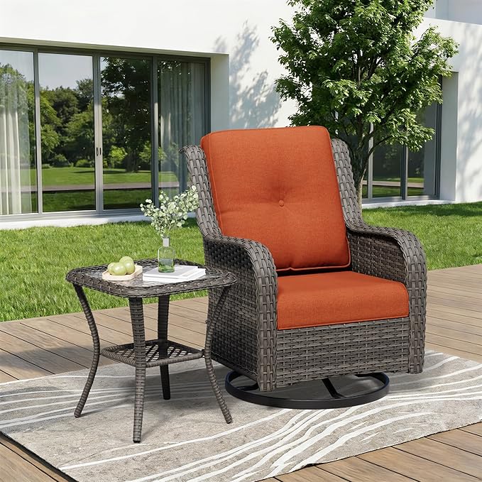2 Pieces Outdoor Swivel Rocker Patio Chairs Set - Outdoor Wicker Patio Furniture Sets with 1 Side Table, Olefin Fabric Cushions Suitable for Backyard Deck and Porch, Orange