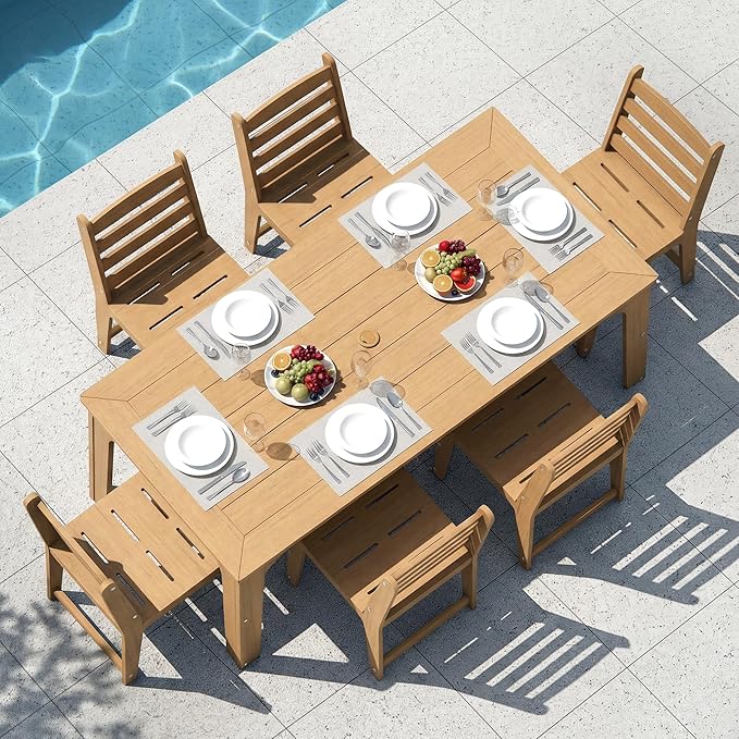 HDPE Outdoor Patio Dining Chair All Weatherproof Set of 2, Teak Color | Slatted Back Dining Armless Chair, Weatherproof Outdoor Side Chair Patio Furniture for Poolside Garden Backyard Deck Indoor