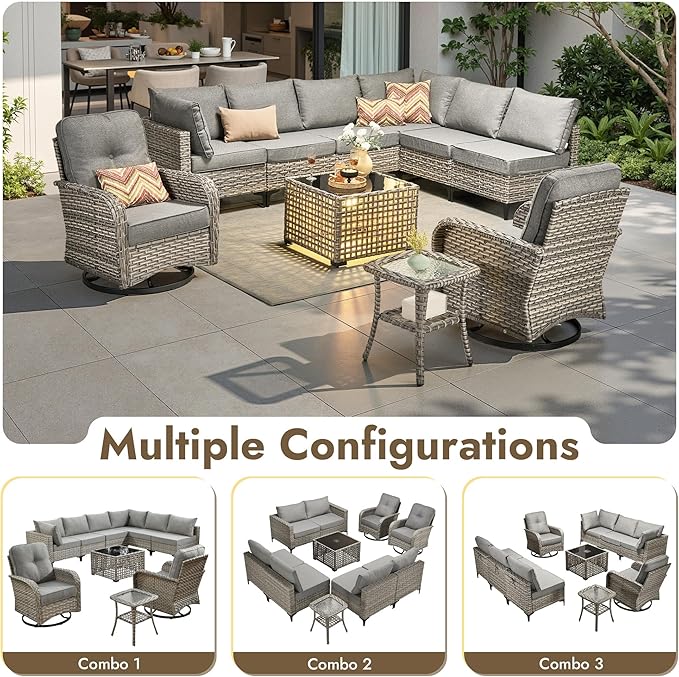 10 Pieces Outdoor Sectional Patio Furniture Set with Swivel Rocking Chairs,Wicker Conversation Sets Rattan L Shaped Couch,Modular Outdoor Sofa for Porch Balcony Backyard Dark Grey