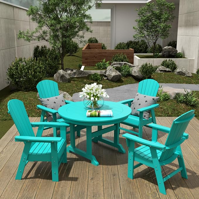 WestinTrends Dylan Adirondack Outdoor Dining Set for 4, All Weather Poly Lumber Patio Table and Chairs Set of 4, 47" Trestle Round Dining Table and Seashell Adirondack Dining Chair, Turquoise
